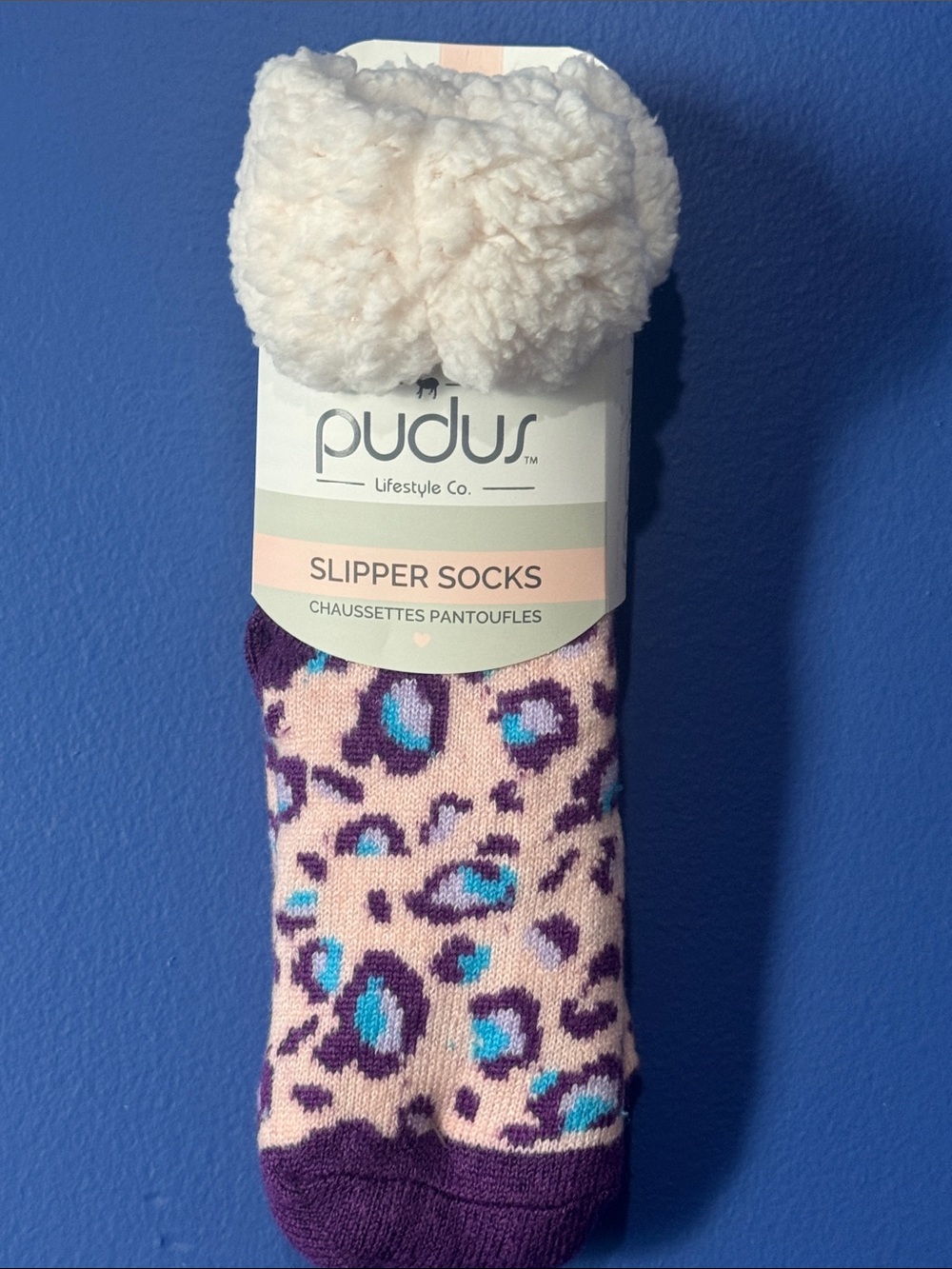 Pudus Women’s Cream, Pink & Purple Leopard Sherpa Slipper Socks